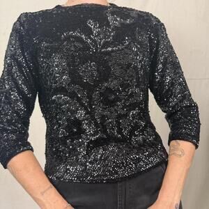 Vintage Crown Rose Sequin Top holiday and new years black sequin 70s blouse top